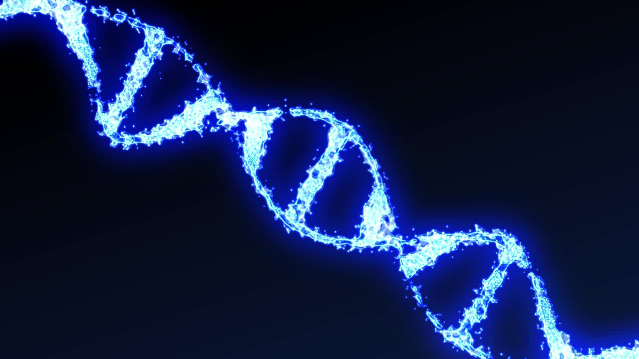 gráficos de movimiento 3d de una molécula de adn binario giratoria en un fondo azul
