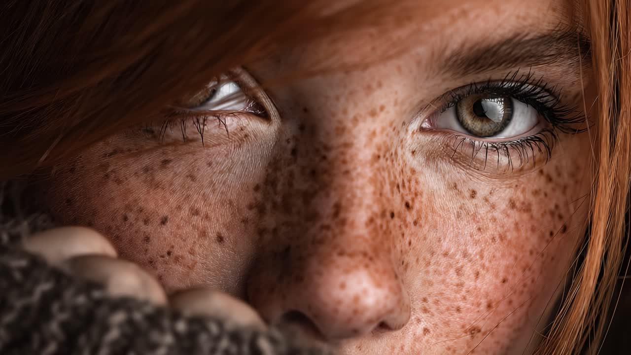 A Close-Up Exploration of Freckles and Expression: Capturing the Unique Beauty in Every Detail of the Subject's Eyes and Features
