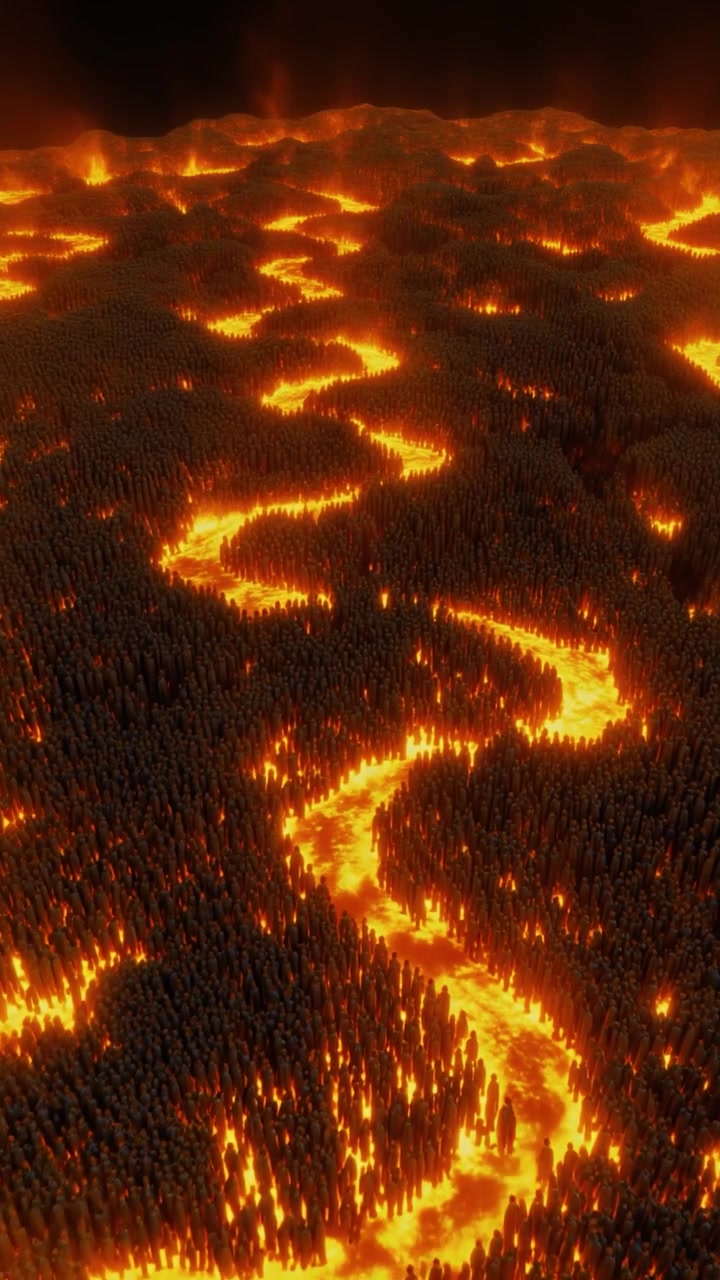 Abstrakt 3D-animation af glødende lava, der strømmer gennem mørke søjler