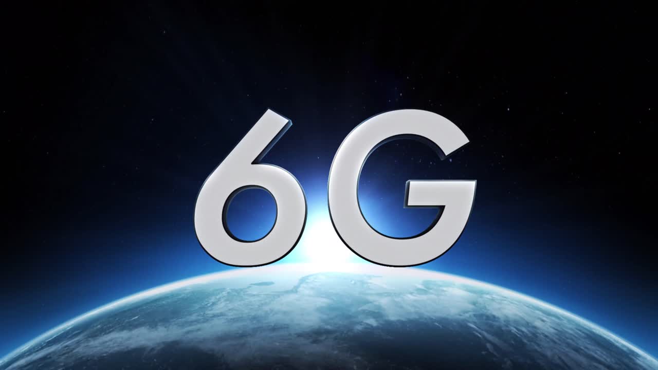 animación de texto de 6g sobre un globo giratorio y el sol visto desde el espacio