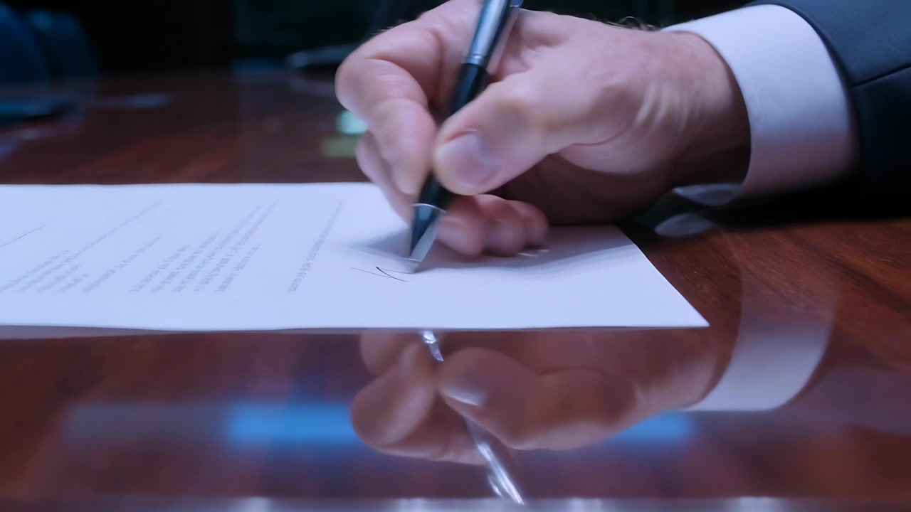 Mano con i polsini che firma, chiudendo un affare all'arrivo del documento in una sala riunioni, con una penna nera e una stretta di mano.
