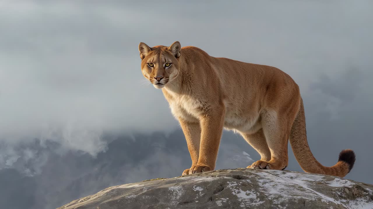 Dospělá puma si všimne pohybu na hřebeni, přesouvá se a otáčí hlavu na skalnaté římse s nízkou oblačností