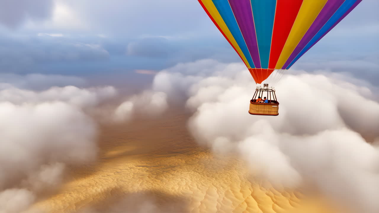 Hot Air Balloon Flight Over Desert Dunes and Clouds