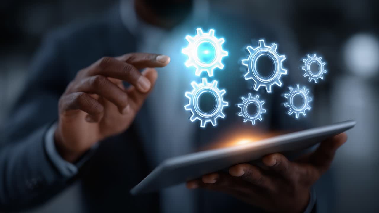 A professional individual interacts with digital gears on a tablet, showcasing the integration of technology and management in a modern workspace