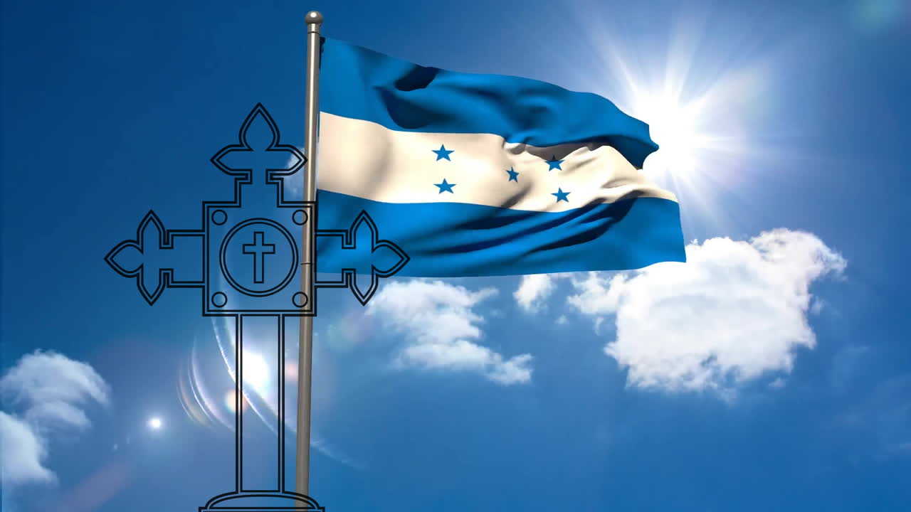 Waving Honduran flag in bright sky with decorative cross in foreground