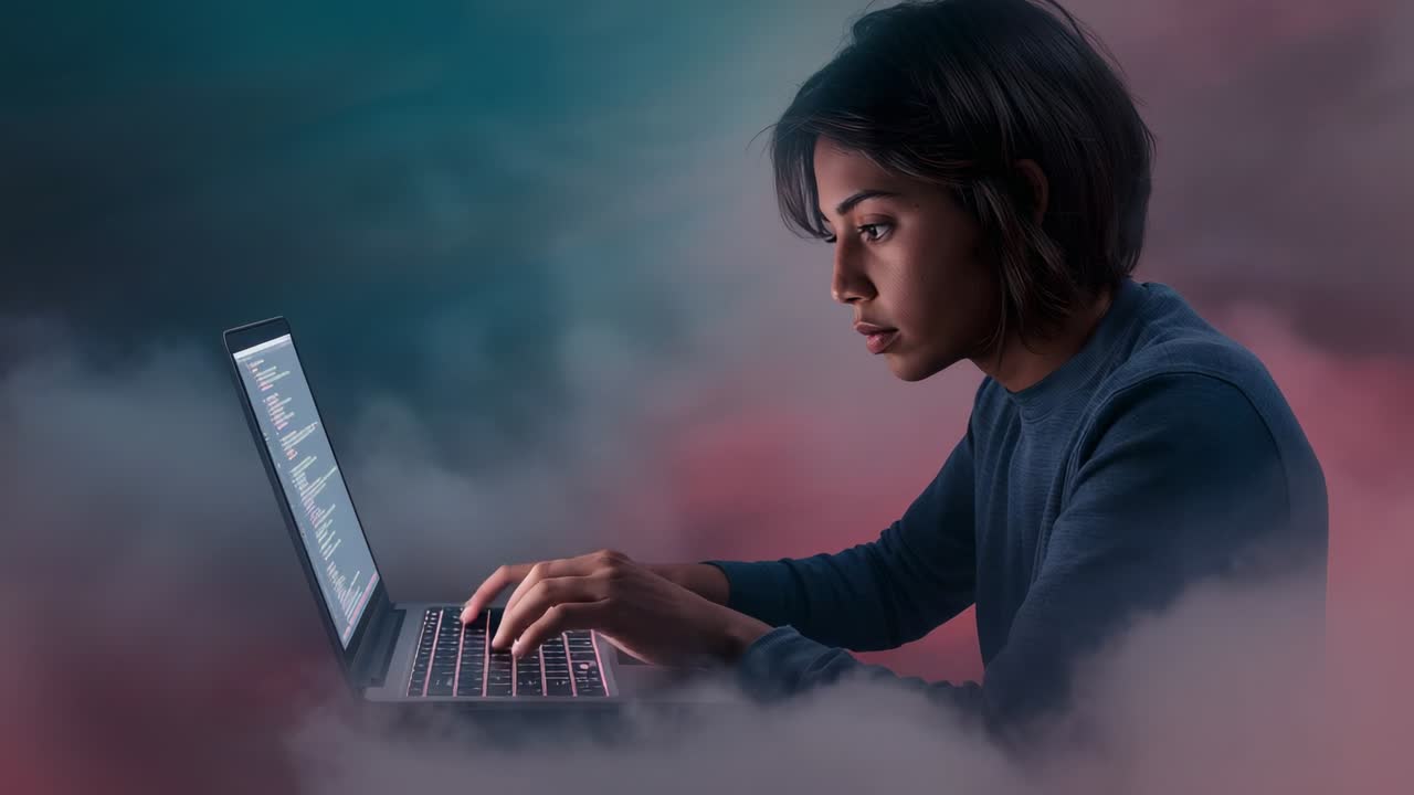 Bringing hands above keyboard on laptop, woman developer typing code at cloud workspace, copy space