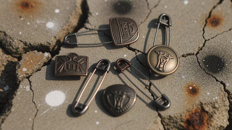Sliding camera moving closer and tilting on cracked slab, highlighting antique safety pins, badges