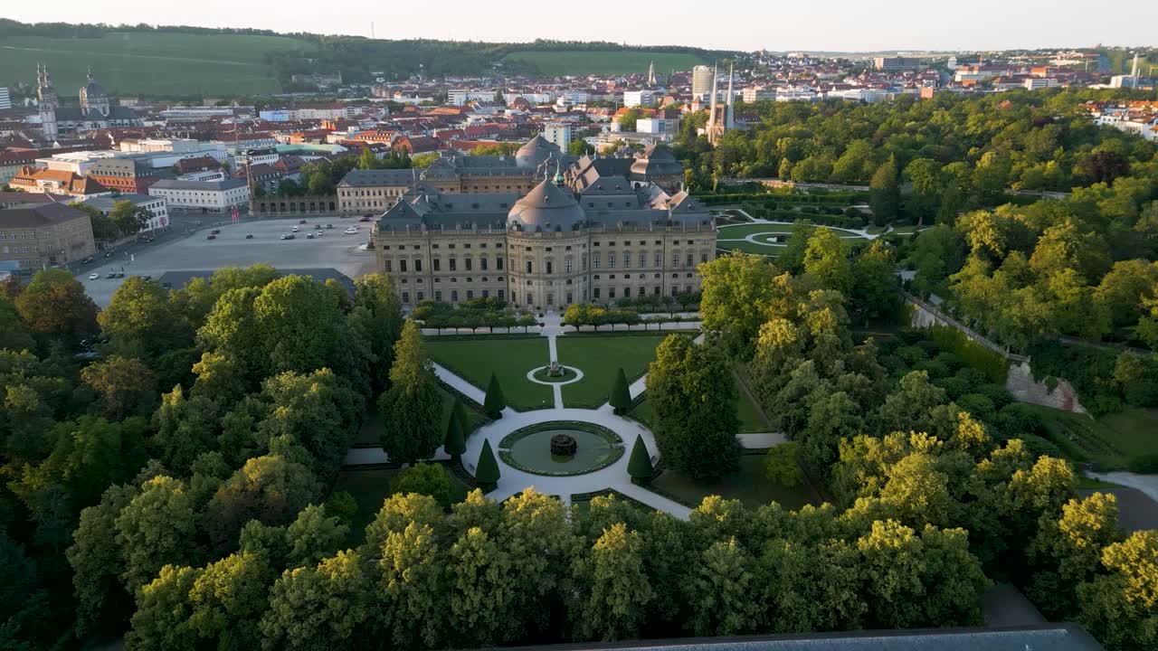 4K Aerial Drone Video of the Felsenbrunnen Garden and Court Garden at the Residence Palace with the Würzburg, Germany Skyline in the Distance