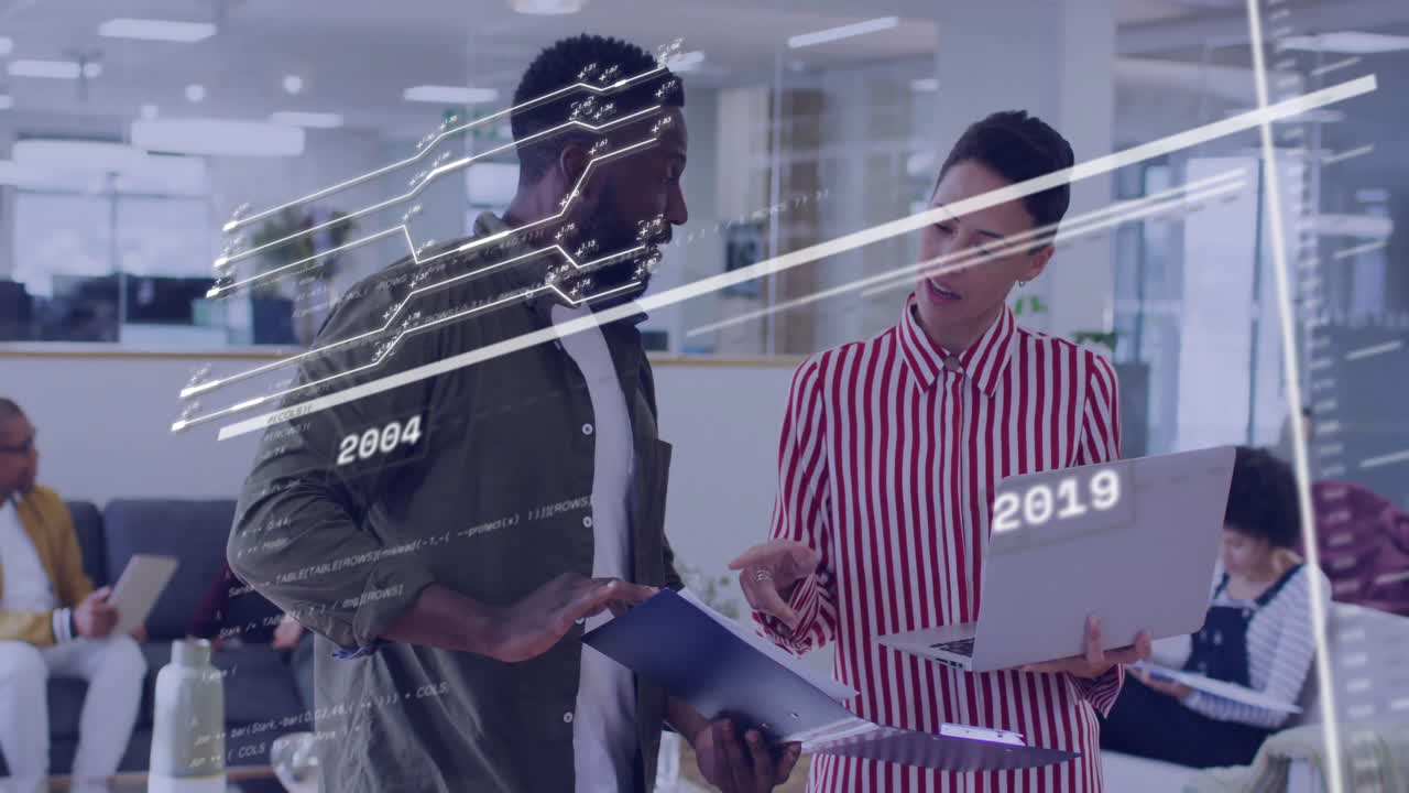 Animation of data processing and diagrams over diverse colleagues discussing work