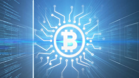 animation of bitcoin, integrated circuit and data on blue background