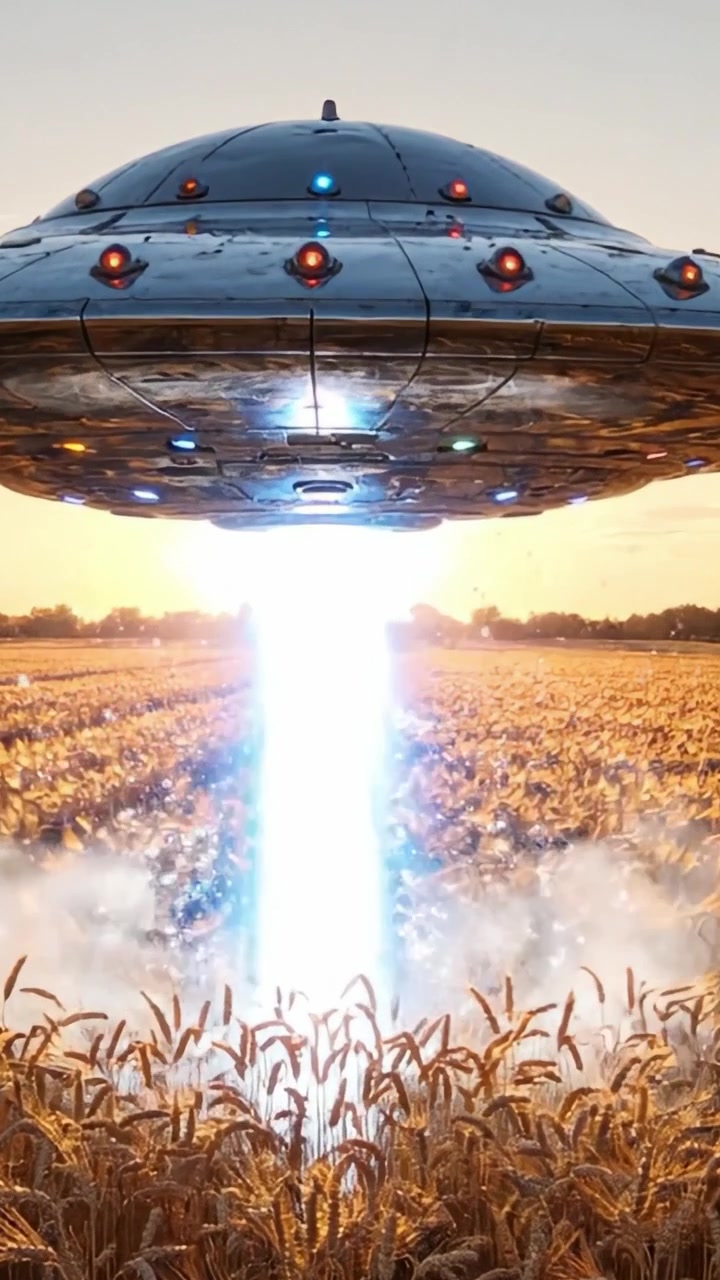 A breathtaking encounter unfolds as a stunning UFO hovers over a golden wheat field, illuminating the landscape with a mesmerizing beam of light during sunset.