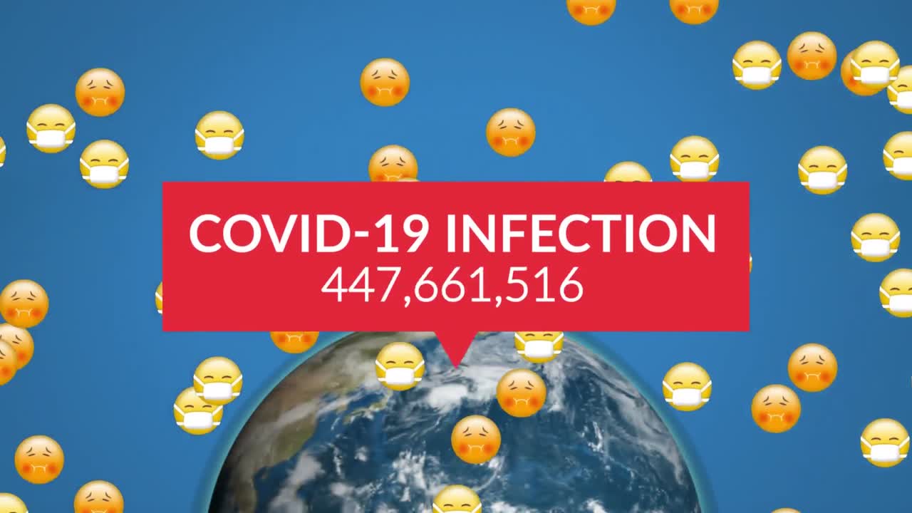 코로나19 감염이라는 단어와 함께 늘어나는 숫자가 파란색 배경에 날아다니는 이모지 그룹 위에 쓰여져 있습니다.