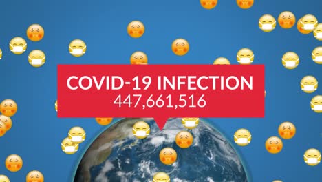 palabras covid-19 infección con números creciendo escritas sobre un grupo de emojis volando en fondo azul