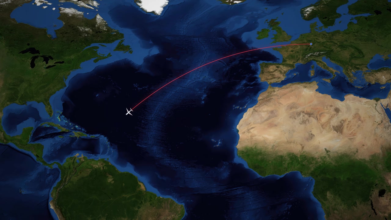 A digital airplane icon travels across the Atlantic Ocean on a world map background