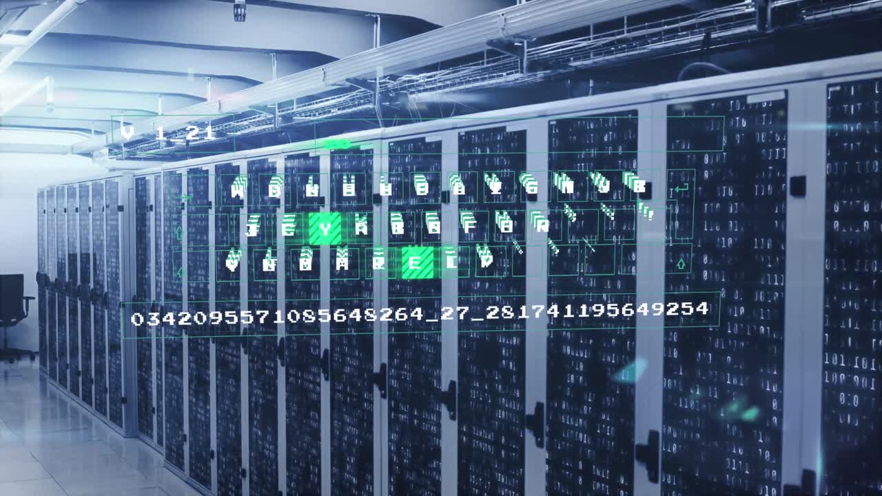 Animation of data processing against mosaic squares over computer server room