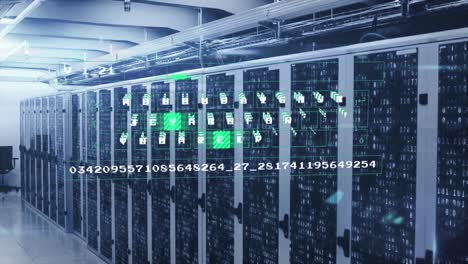 animación del procesamiento de datos contra cuadrados de mosaico sobre la sala de servidores de computadora