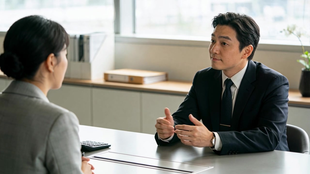 ダークスーツを着た男性が、会議テーブルで身振り手振りしながら、左側の同僚の面接の質問に答えている。