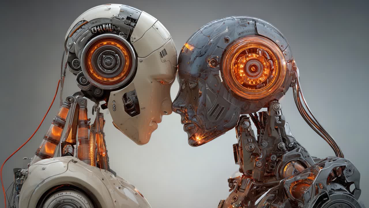 A Tense Moment of Connection Between Two Futuristic Robots, Featuring Intricate Details and Enhanced Visual Elements, Capturing the Essence of Advanced Technology and Emotion