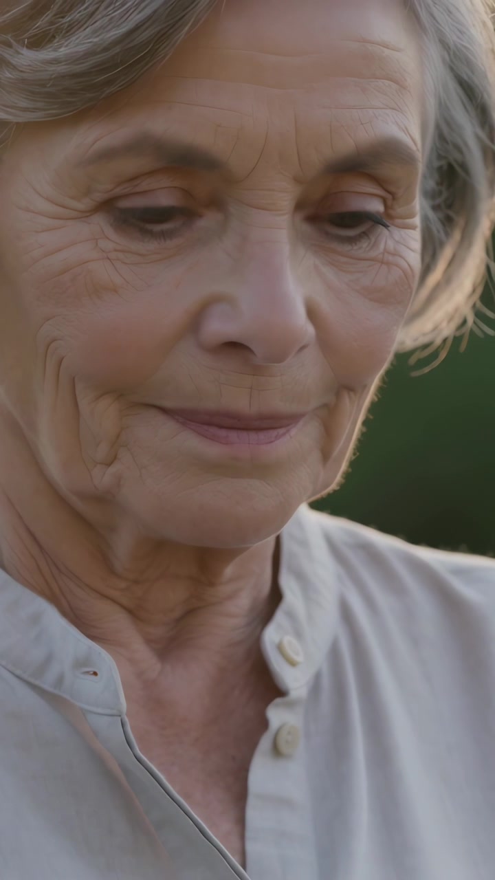 Video verticale: Tenendo un telefono scuro, donna anziana che legge lo schermo, sorridendo al parco, indossando una camicetta