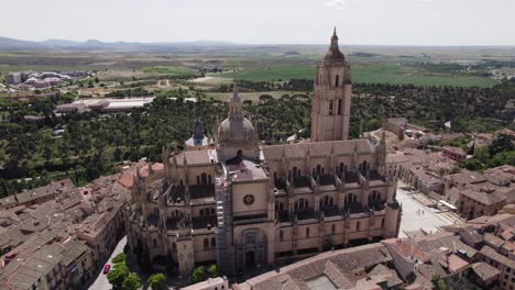 tourist attraction segovia cathedral, aerial orbit. vast countryside