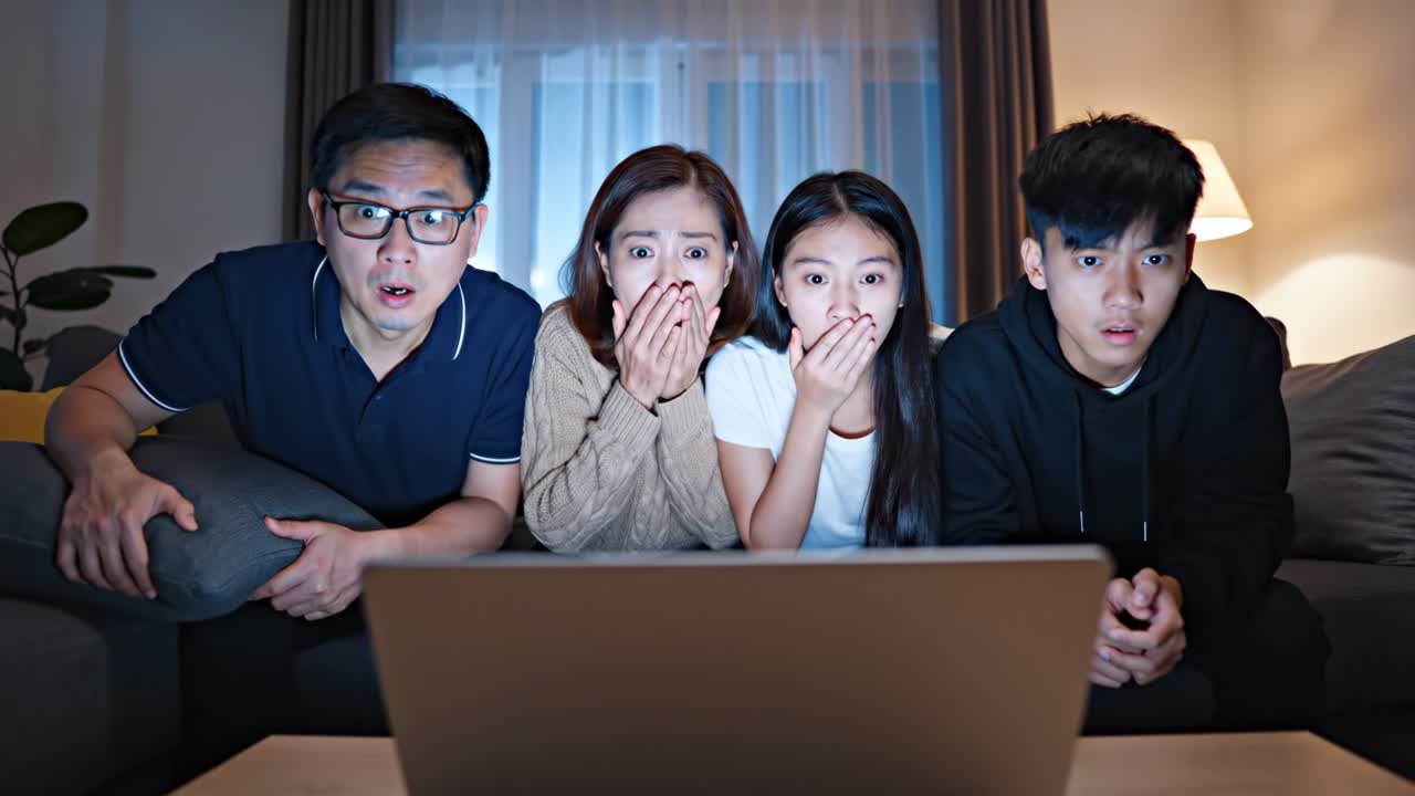 Family watching a scary movie on laptop