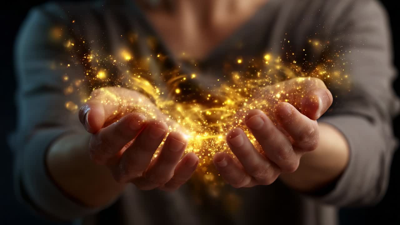 Hands Releasing Golden Energy: A Visual Representation of Creativity and Potential with Sparkling Particles Captured in Two Powerful Frames That Illuminate the Beauty of Imagination and Expression