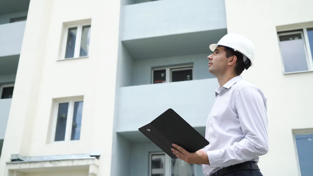 Construction site engineer with tablet checking building technology process.