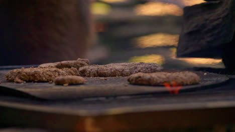 Crumbed-steaks-being-barbecued-on-hot-plate-of-open-fire---Gudvangen-Viking-Valley,-Norway