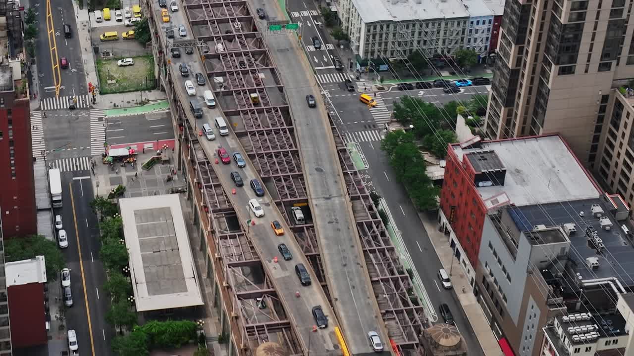 Busy day on a major road in New York City captured from a drone