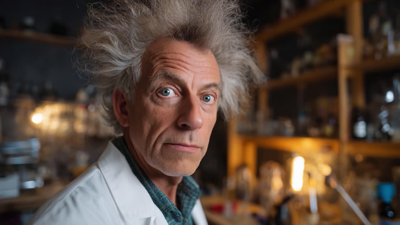 Uno scienziato riflessivo con capelli selvaggi che studia idee di brainstorming in un laboratorio pieno di attrezzature scientifiche e flaconi sullo sfondo