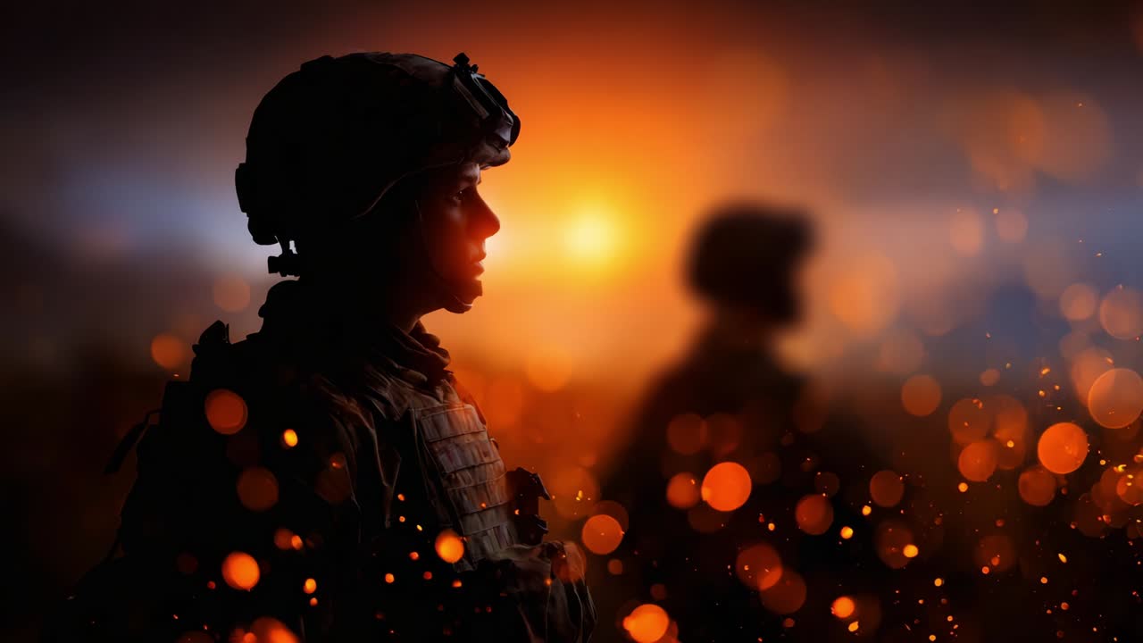 A striking portrayal of military personnel silhouetted against a mesmerizing backdrop of fiery embers and soft glowing orbs, capturing the essence of bravery, sacrifice, and duty amidst chaos and intensity