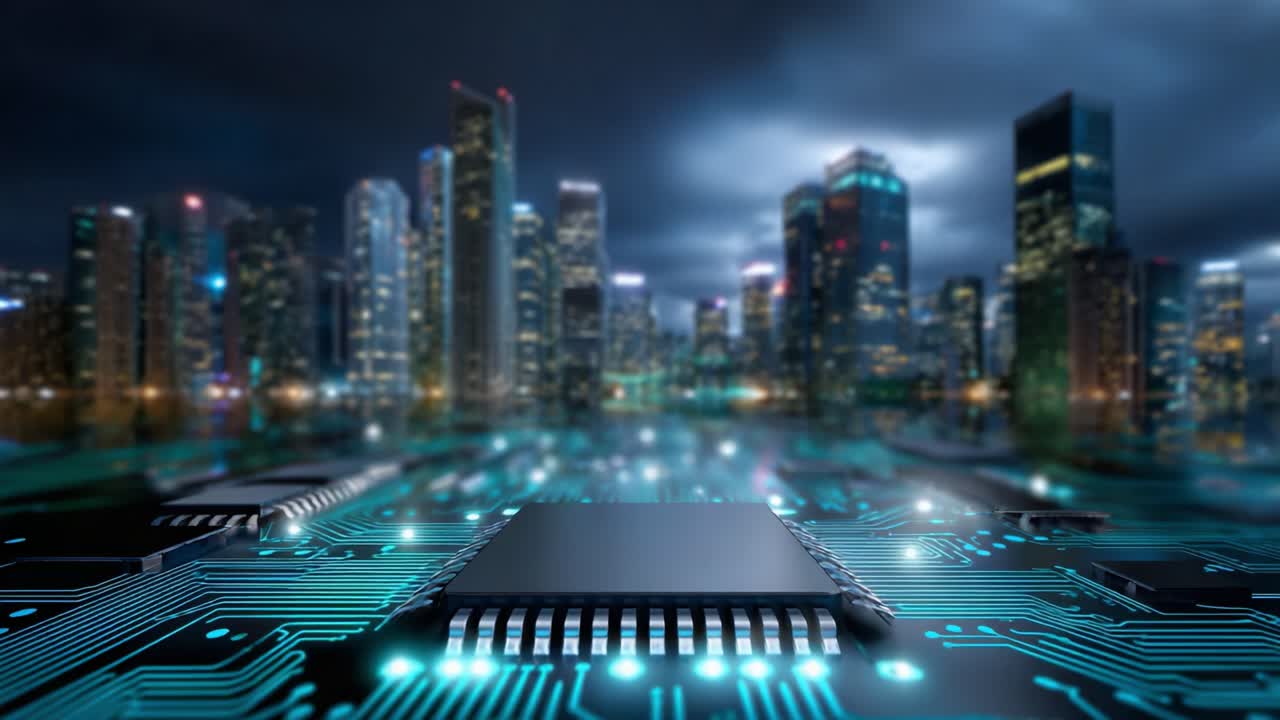 A Stunning View of a City Skyline Reflecting Technology: A Close-Up of a Circuit Board with a Central Processing Unit in Focus, Set Against a Backdrop of Urban Lights and a Dramatic Sky