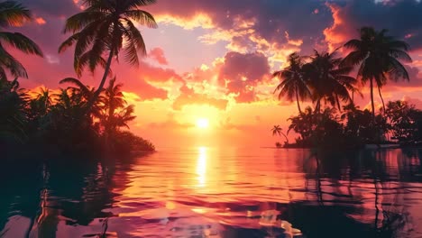 una puesta de sol sobre un cuerpo de agua con palmeras en primer plano