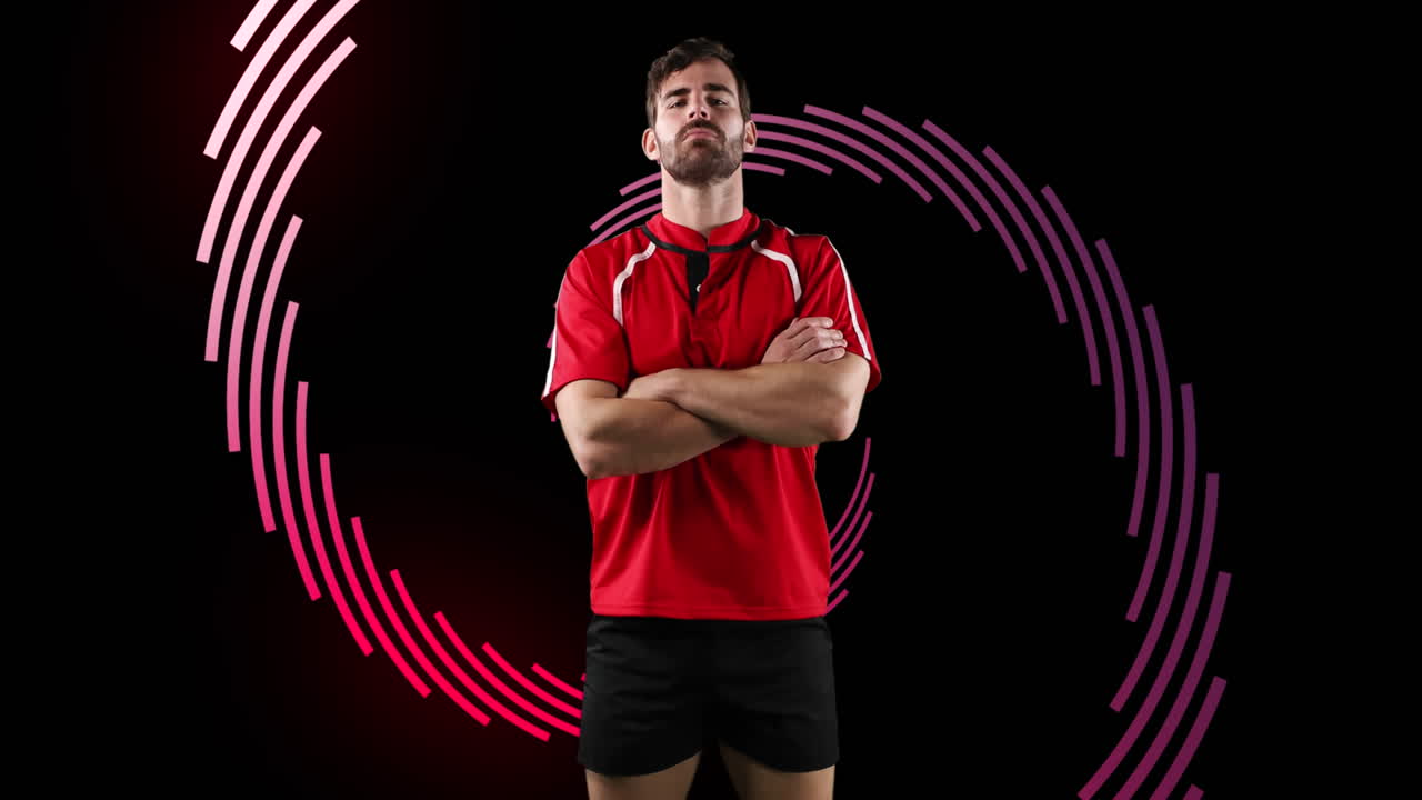 animación de una espiral de línea roja girando con el retrato de un deportista caucásico