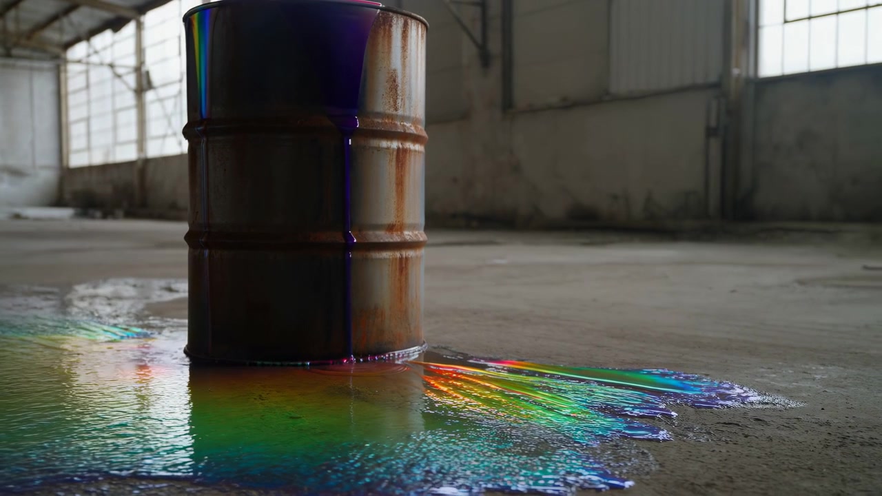 Un singolo barile arrugginito si trova in un magazzino industriale abbandonato mentre una patina oleosa multicolore si diffonde sul pavimento di cemento, illuminato dalla luce soffusa del giorno proveniente da