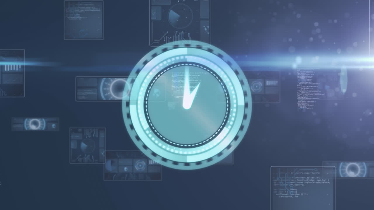 Animation of clock moving fast over data processing on screens on blue background
