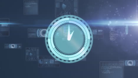 animación del reloj moviéndose rápidamente sobre el procesamiento de datos en pantallas con fondo azul