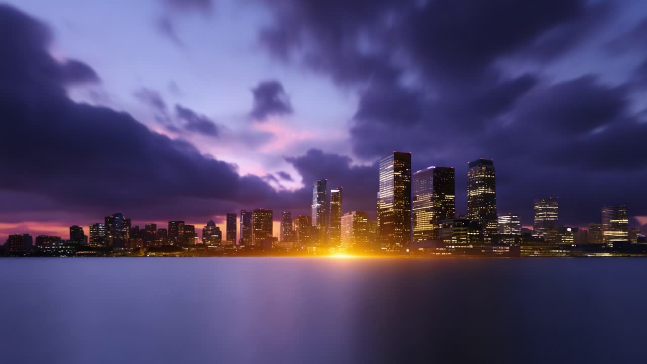 A stunning transition from twilight to night as vibrant city lights reflect on a calm water surface, capturing the enchanting beauty of urban landscape at dusk