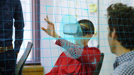person using virtual reality headset with fingerprint animation over office scene