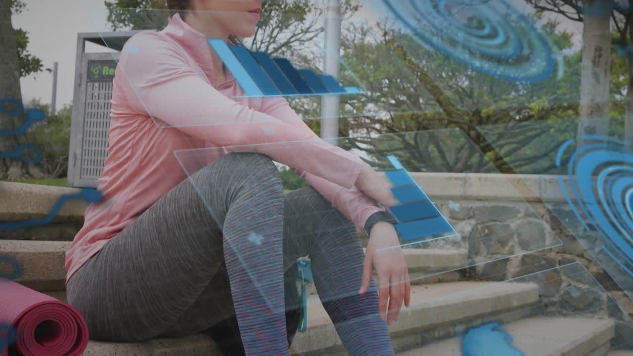 Fitness enthusiast leaning and tapping smartwatch while activating animated health metrics on steps