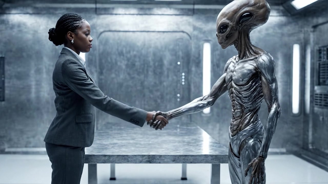 A Confrontation of Two Species: An Intense Moment Between a Human in Professional Attire and an Otherworldly Being in a High-Tech Environment