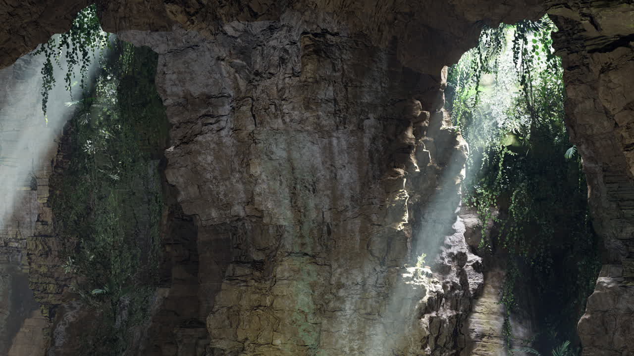Mysterious cave illuminated by sunlight filtering through openings in the rock
