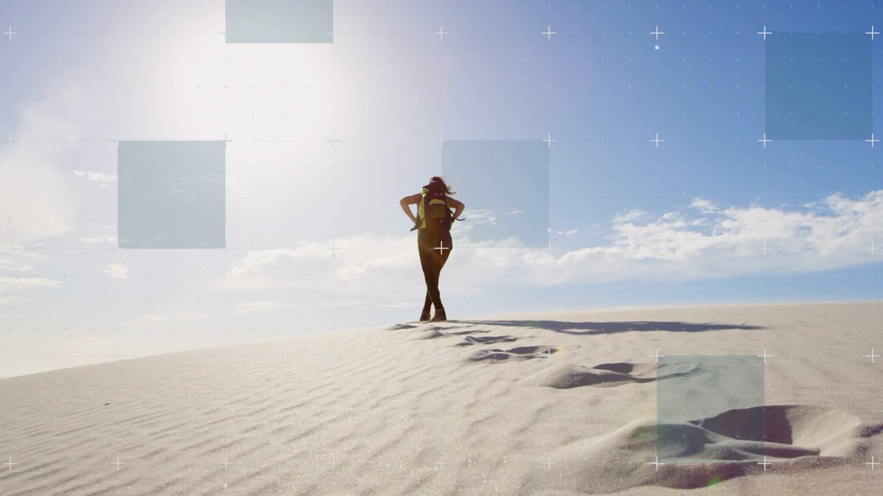 Hiker seeing ridge climbing dune tugging pack viewing horizon squares+crosshairs separate travel