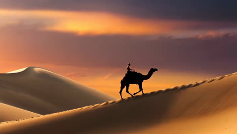 silhouette of a camel rider in a desert landscape at sunset