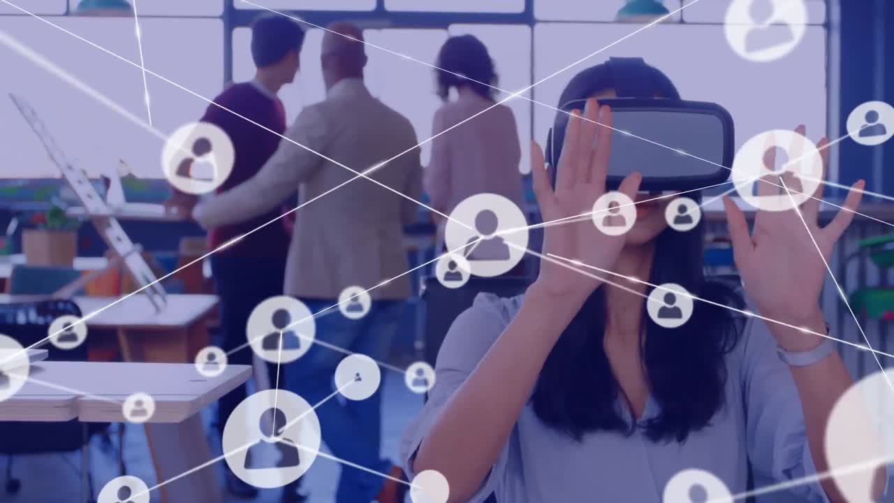 vr 헤드 ⁇ 을 사용하는 다양한 비즈니스 사람들에 대한 아이콘과 연결 네트워크의 애니메이션