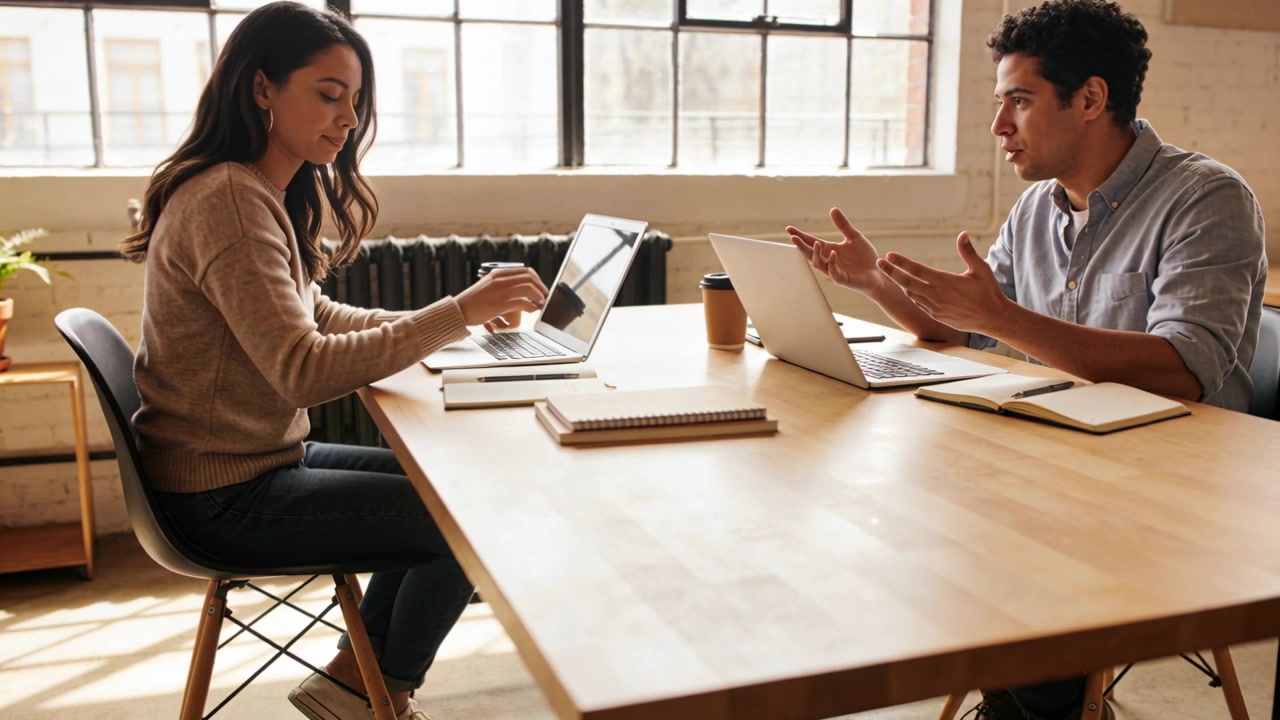 Speaking man blue shirt gesturing, woman typing on laptop, writing with coffee at table, working