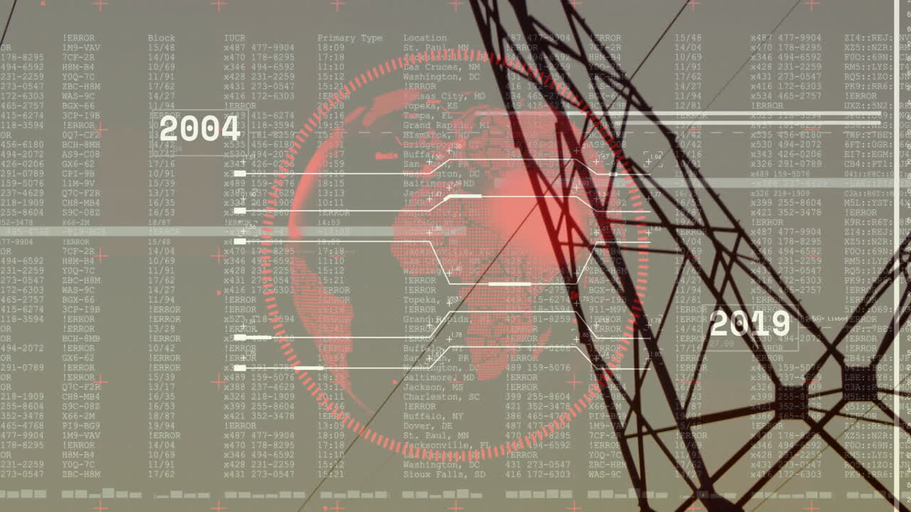 Data processing animation with world map and power lines overlaid on screen