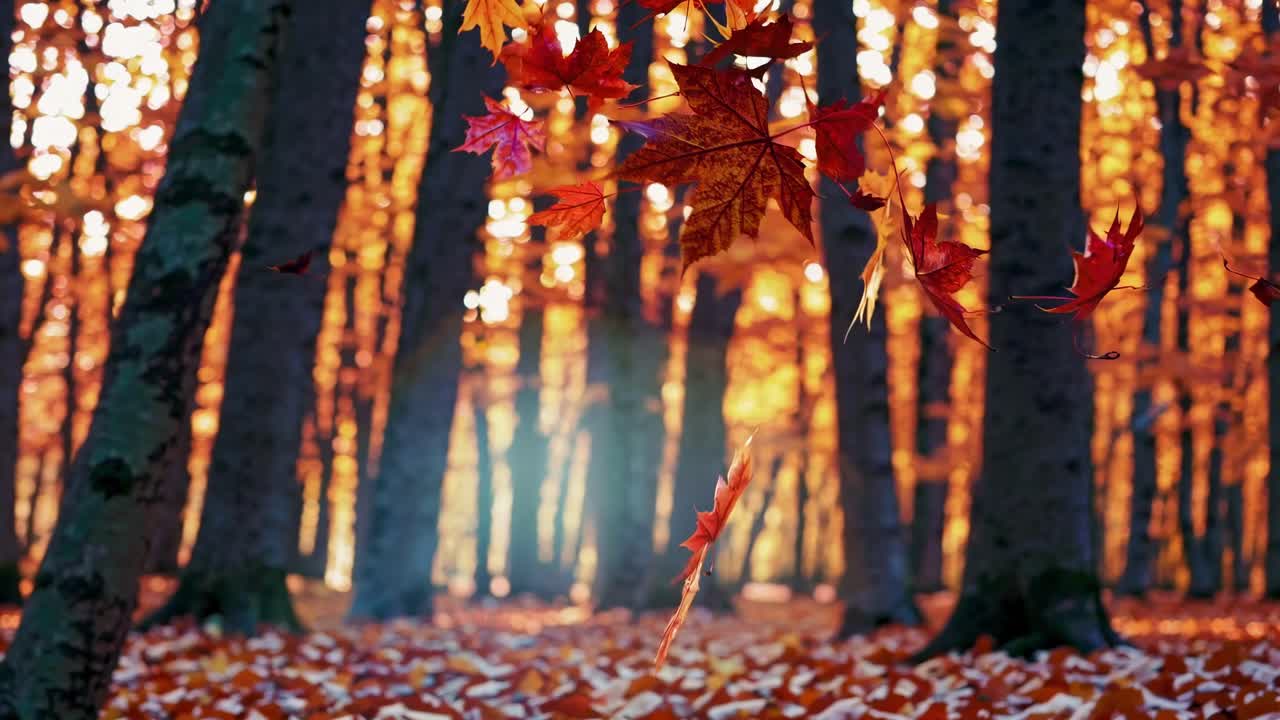 A low-angle video captures vibrant autumn leaves gently falling in a sunlit forest