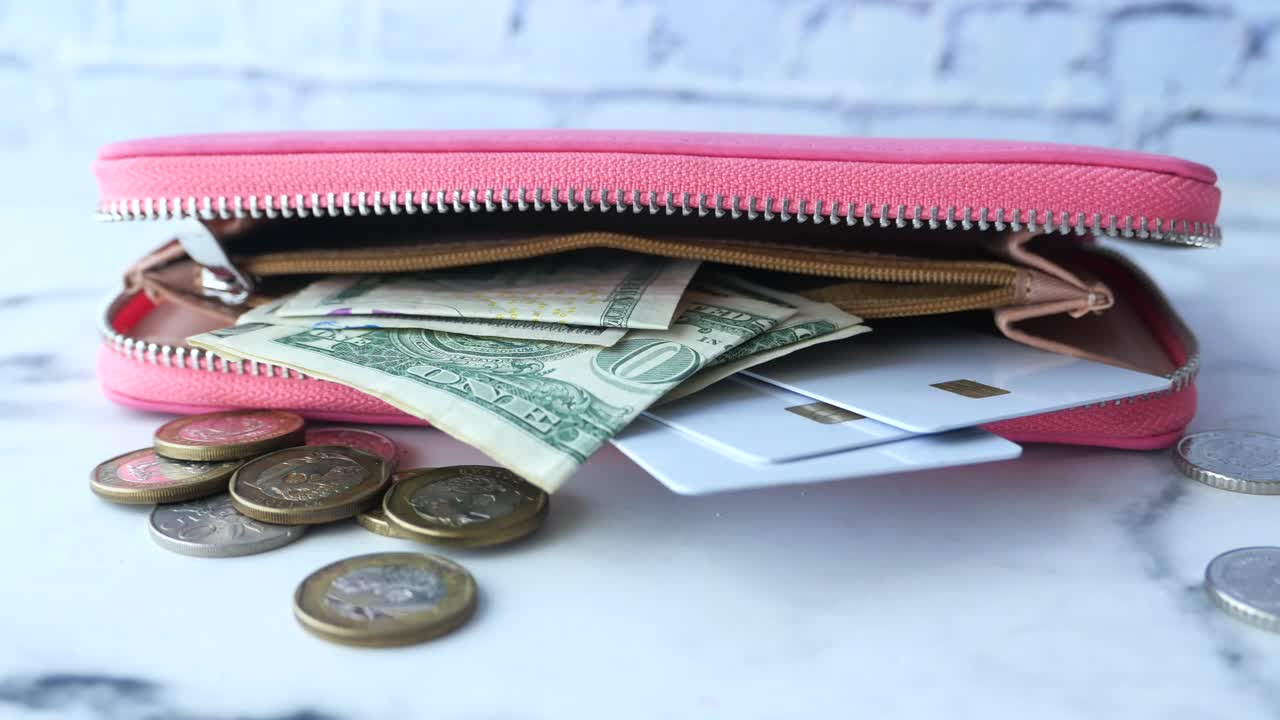 Pink Wallet with Cash, Coins, and Credit Cards