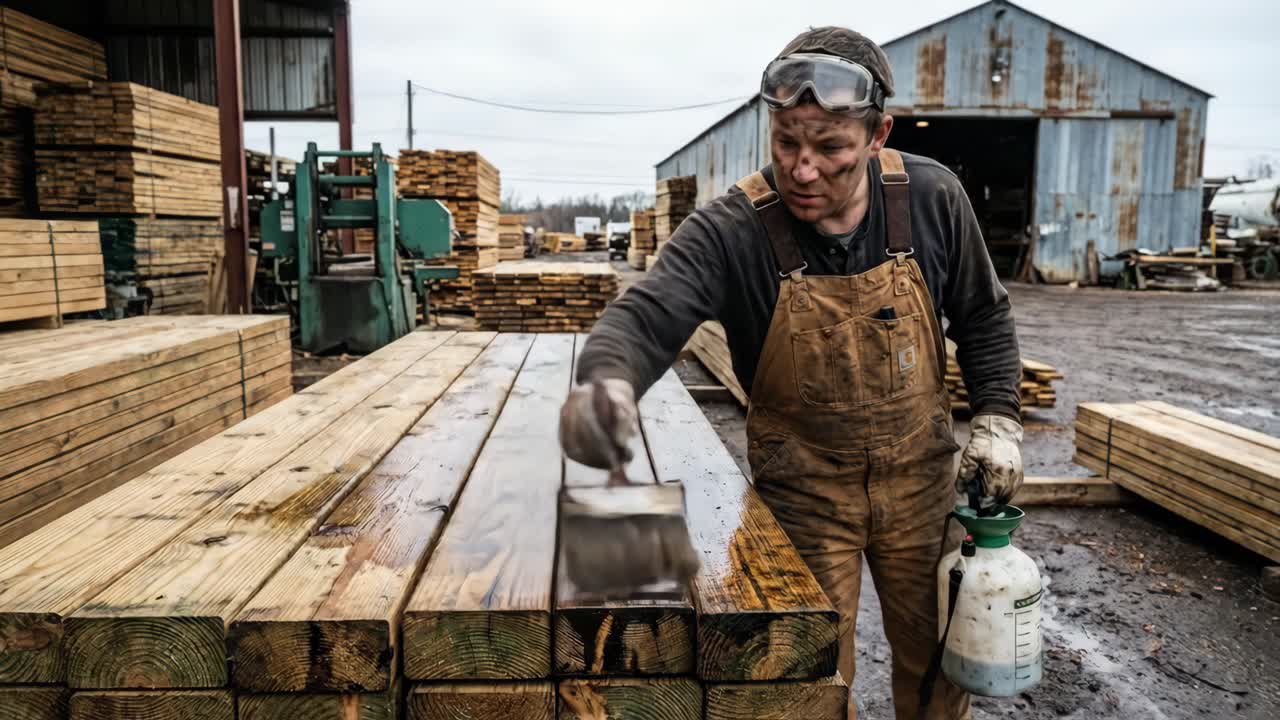 Man Applying Wood Treatment to Lumber Planks in Industrial Yard